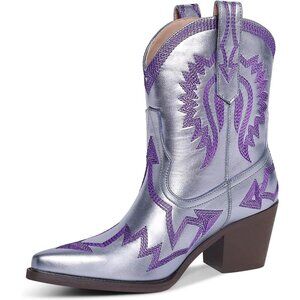 Metallic Embroidered Cowgirl Boots For Women Pointed Toe Western Chunky Heel